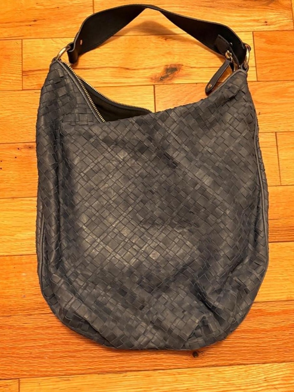 Woven Slouchy Leather Hobo Bag in Dark Gray - Women’s Shoulder Bag